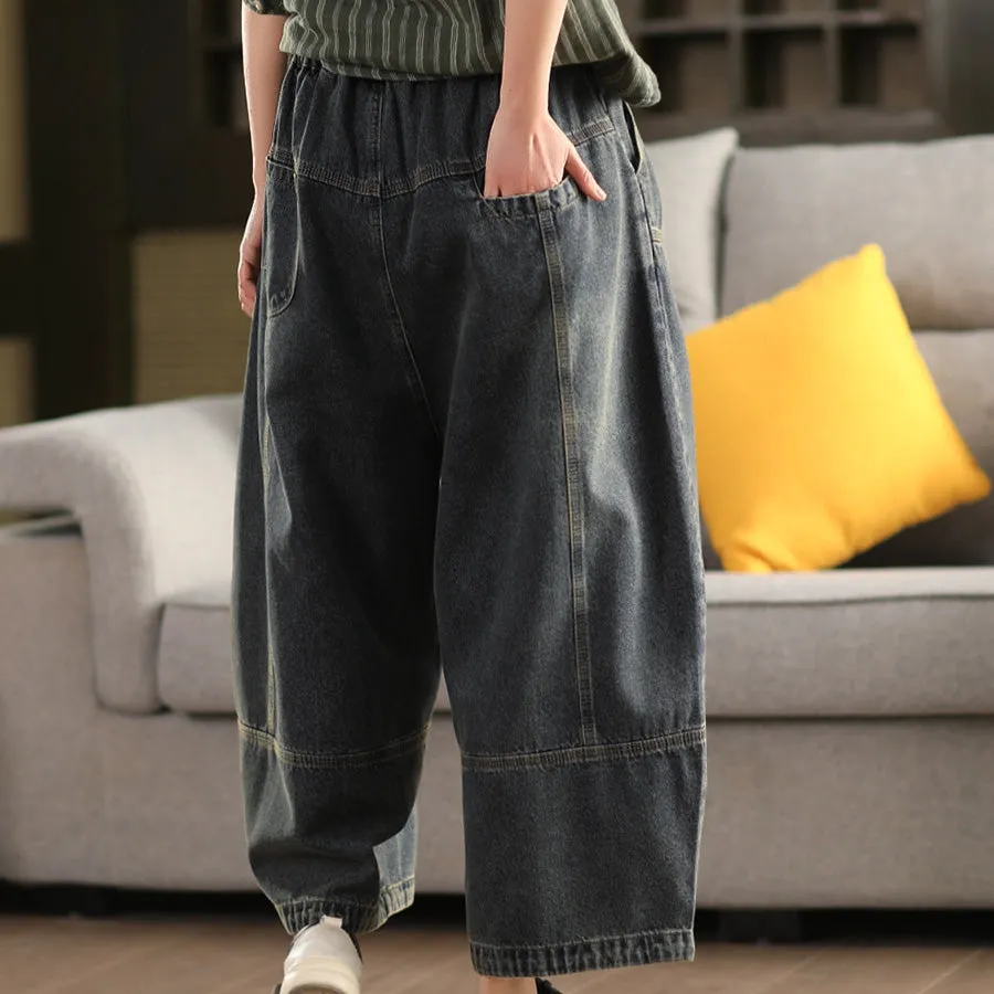 Women Spring Retro Denim Patchwork Loose Wide-Leg Pants