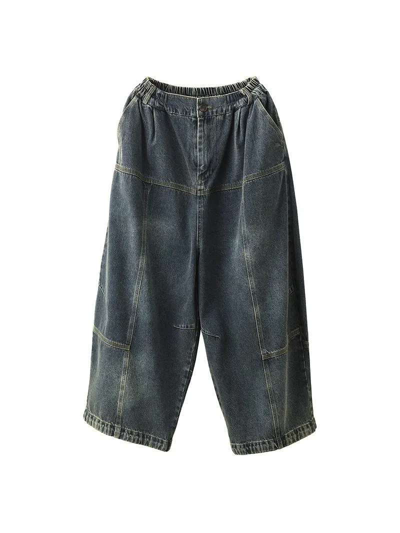 Women Spring Retro Denim Patchwork Loose Wide-Leg Pants