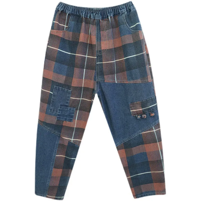 Women Spring Retro Denim Plaid Casual Trousers