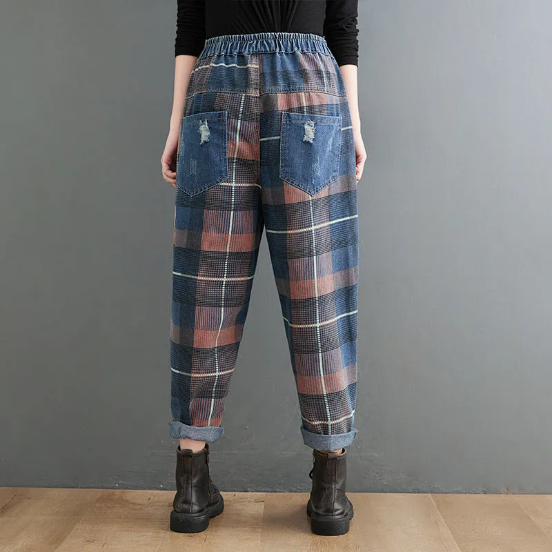 Women Spring Retro Denim Plaid Casual Trousers
