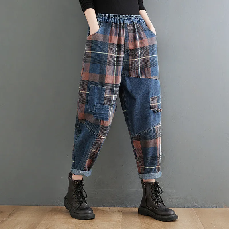 Women Spring Retro Denim Plaid Casual Trousers