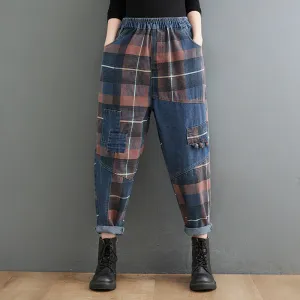 Women Spring Retro Denim Plaid Casual Trousers