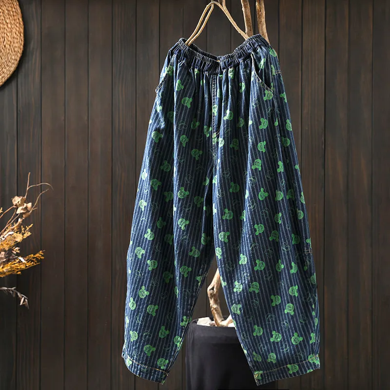 Women Spring Retro Denim Printed Casual Loose Harem Pants