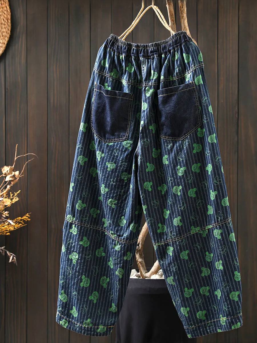 Women Spring Retro Denim Printed Casual Loose Harem Pants