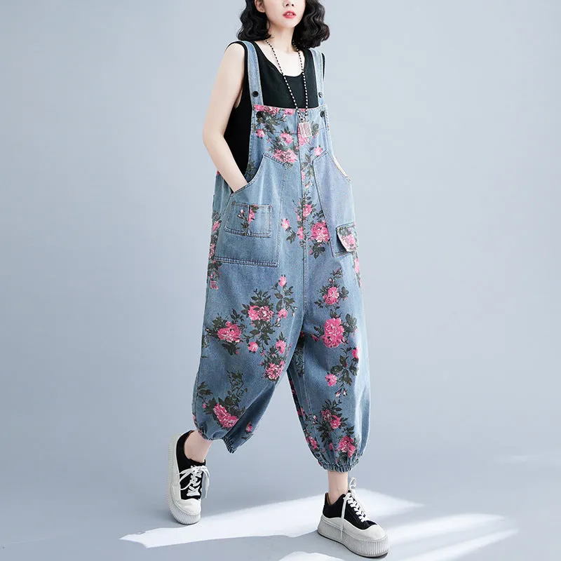 Women Spring Retro Denim Printed Floral Casual Jumpsuit