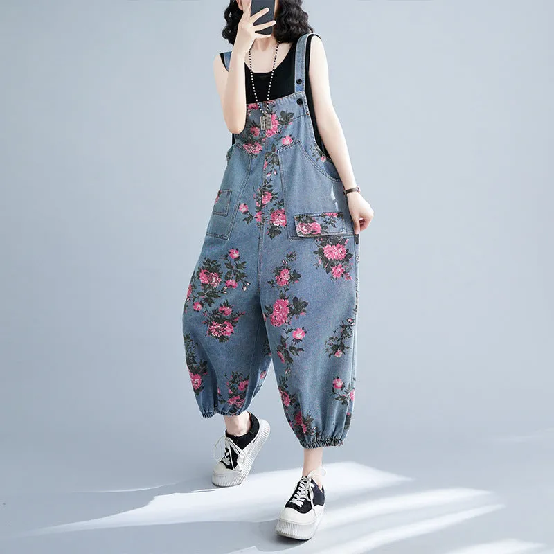Women Spring Retro Denim Printed Floral Casual Jumpsuit