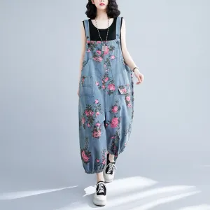 Women Spring Retro Denim Printed Floral Casual Jumpsuit