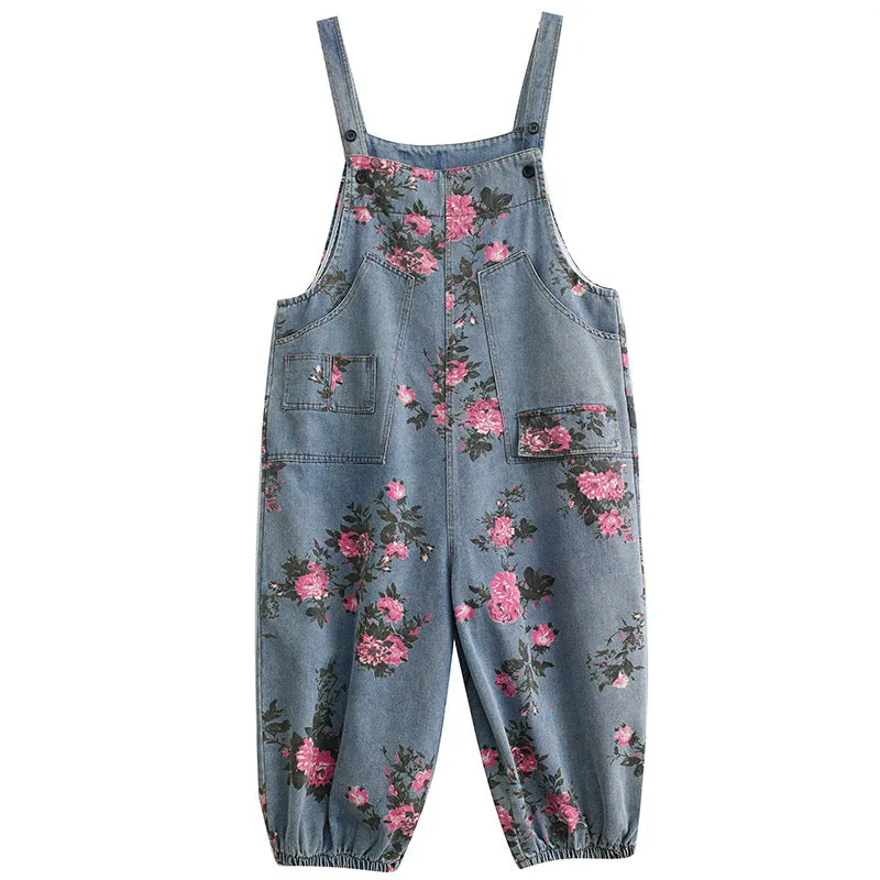 Women Spring Retro Denim Printed Floral Casual Jumpsuit