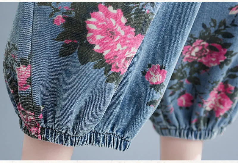 Women Spring Retro Denim Printed Floral Casual Jumpsuit