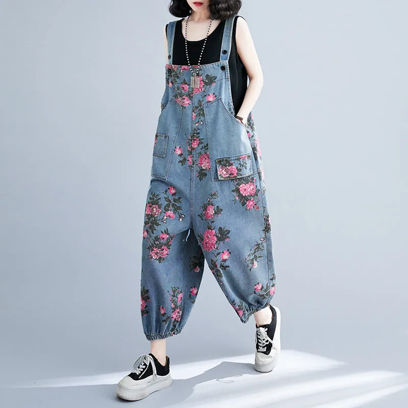Women Spring Retro Denim Printed Floral Casual Jumpsuit