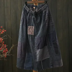 Women Spring Retro Ethnic Patchwork Denim A-Line Midi Skirt
