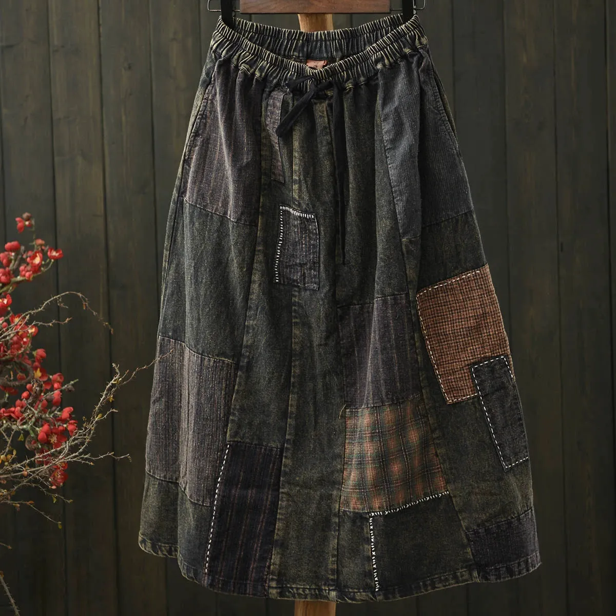 Women Spring Retro Ethnic Patchwork Denim A-Line Midi Skirt