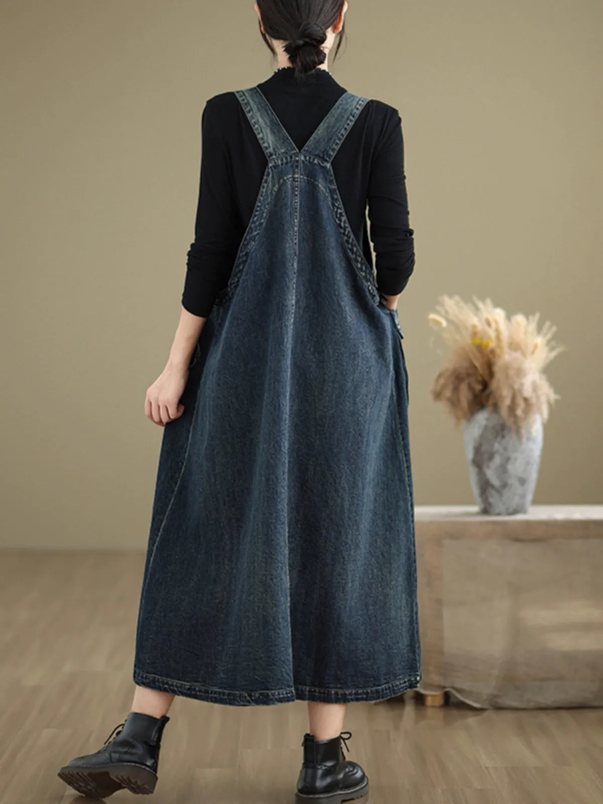 Women Spring Retro Loose Denim Pinafore Dress with Big Pockets
