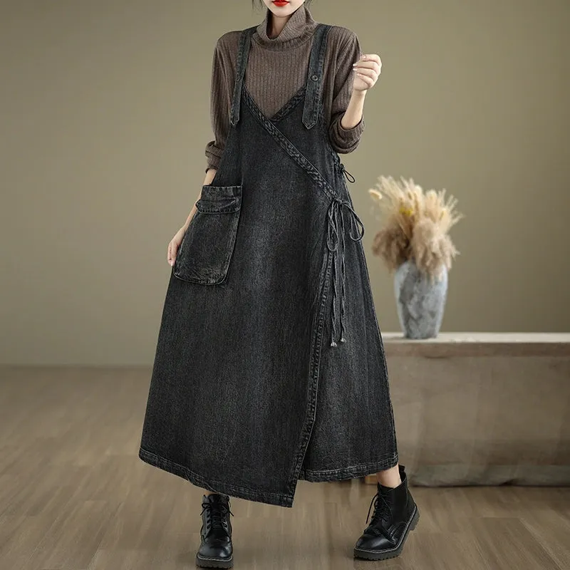 Women Spring Retro Loose Denim Pinafore Dress with Big Pockets