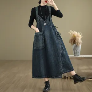 Women Spring Retro Loose Denim Pinafore Dress with Big Pockets