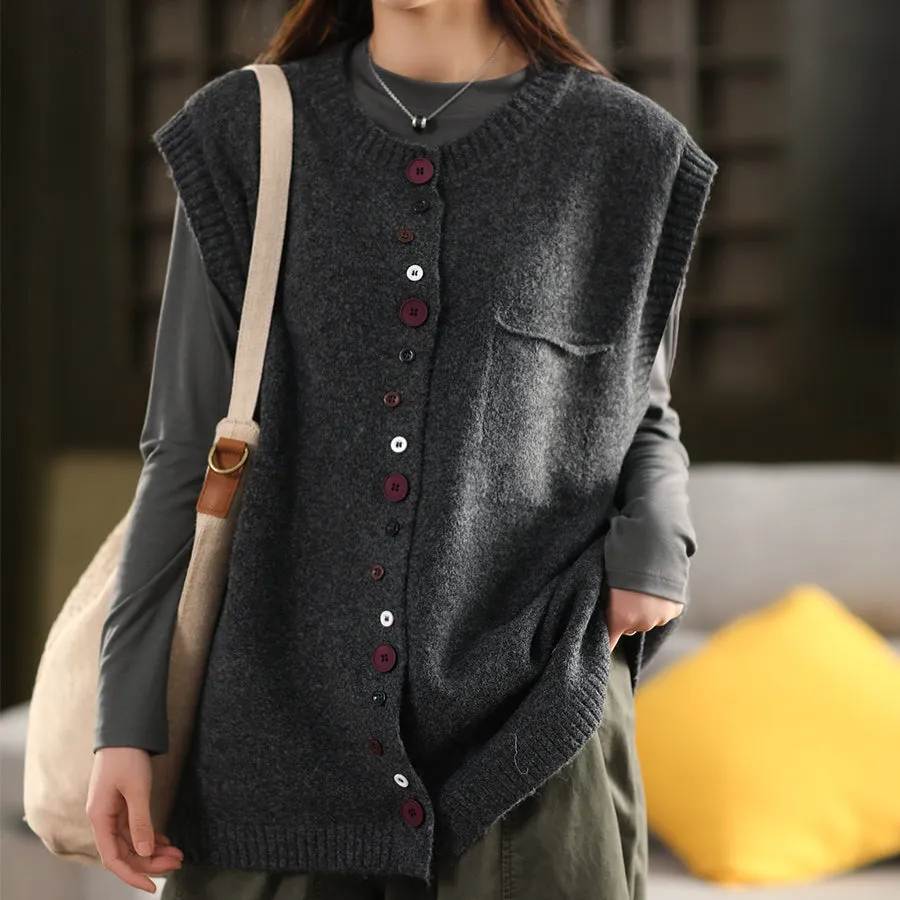 Women Spring Retro Wool Solid Color Loose Vest