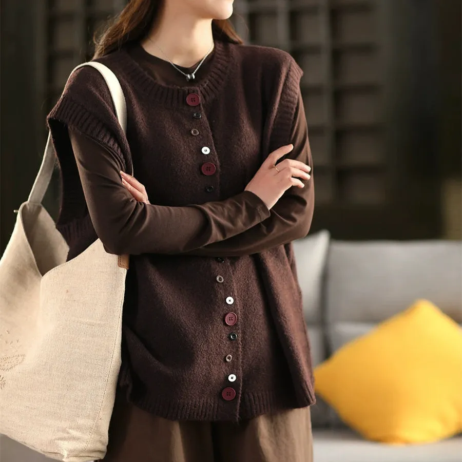 Women Spring Retro Wool Solid Color Loose Vest