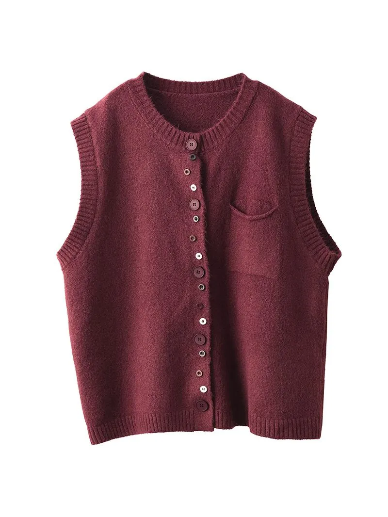Women Spring Retro Wool Solid Color Loose Vest