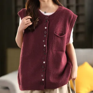 Women Spring Retro Wool Solid Color Loose Vest
