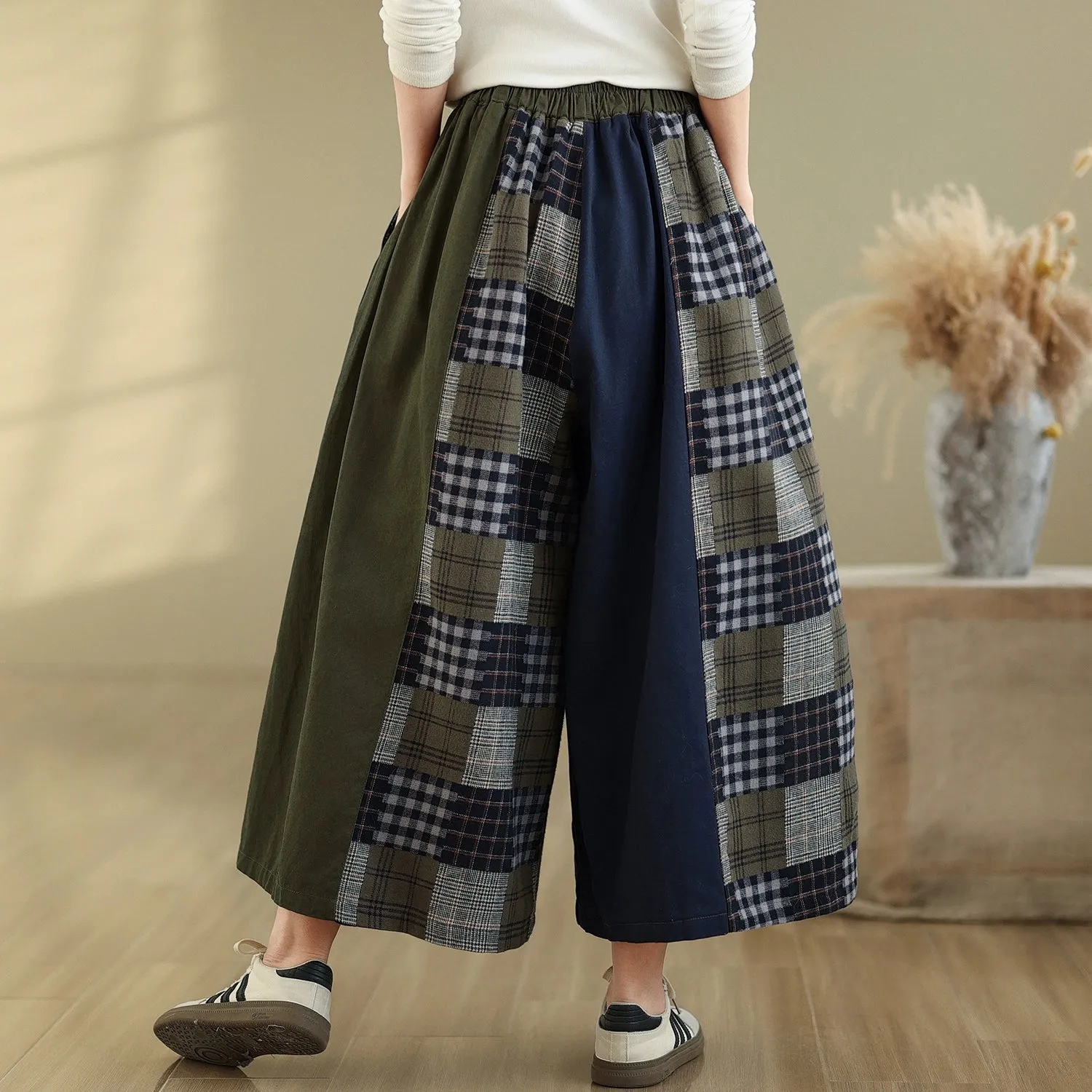 Women Spring Vintage Artistic Cotton Plaid Patchwork Wide-Leg Pants