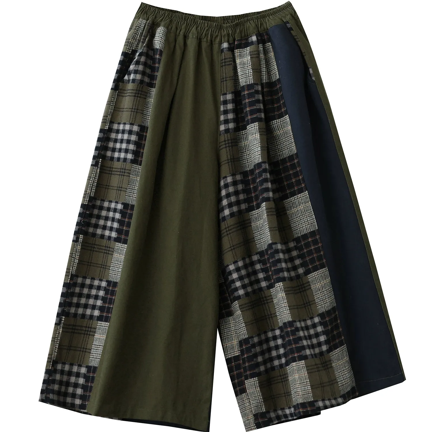 Women Spring Vintage Artistic Cotton Plaid Patchwork Wide-Leg Pants
