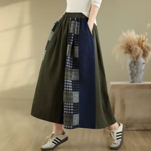 Women Spring Vintage Artistic Cotton Plaid Patchwork Wide-Leg Pants