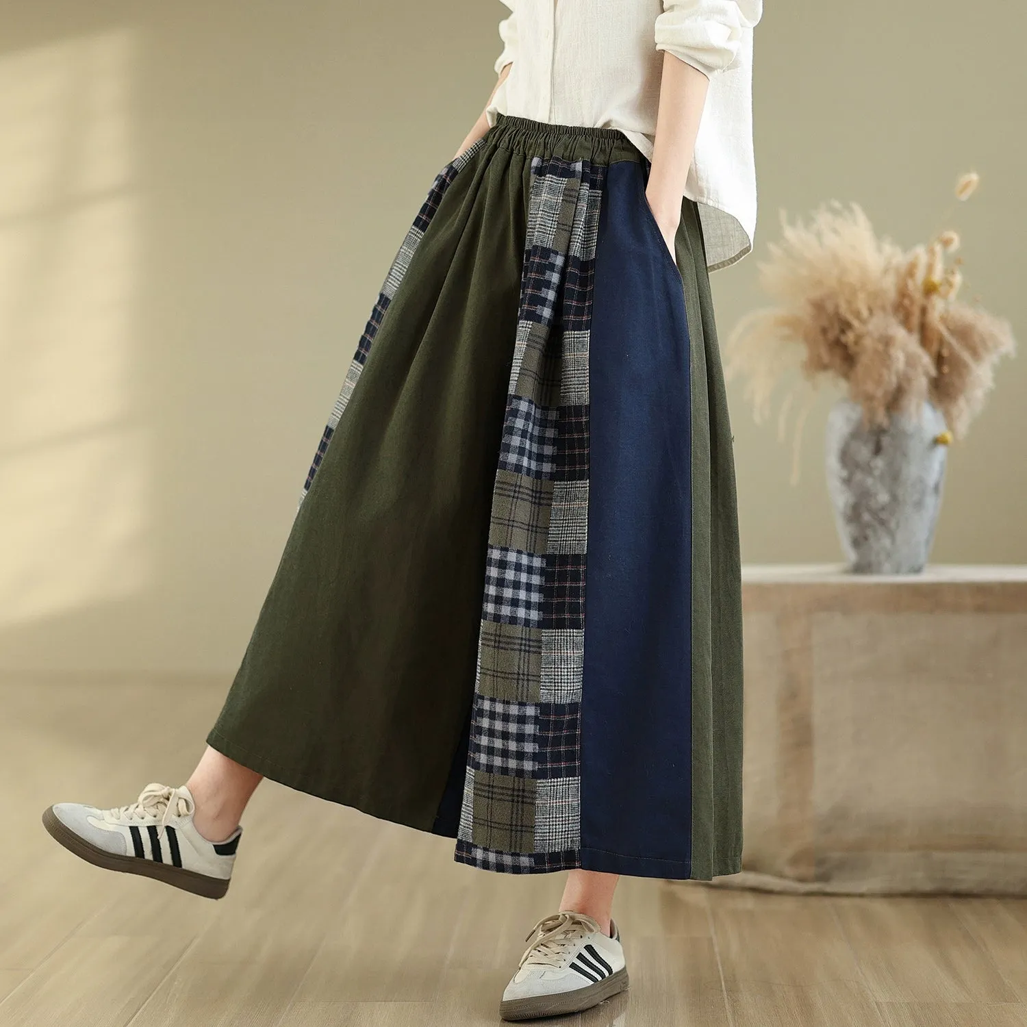Women Spring Vintage Artistic Cotton Plaid Patchwork Wide-Leg Pants