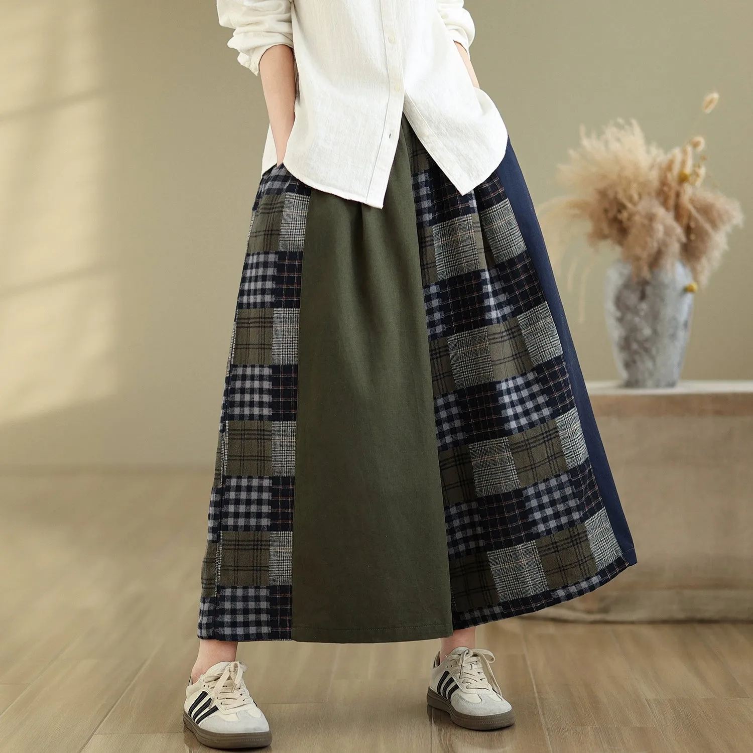 Women Spring Vintage Artistic Cotton Plaid Patchwork Wide-Leg Pants