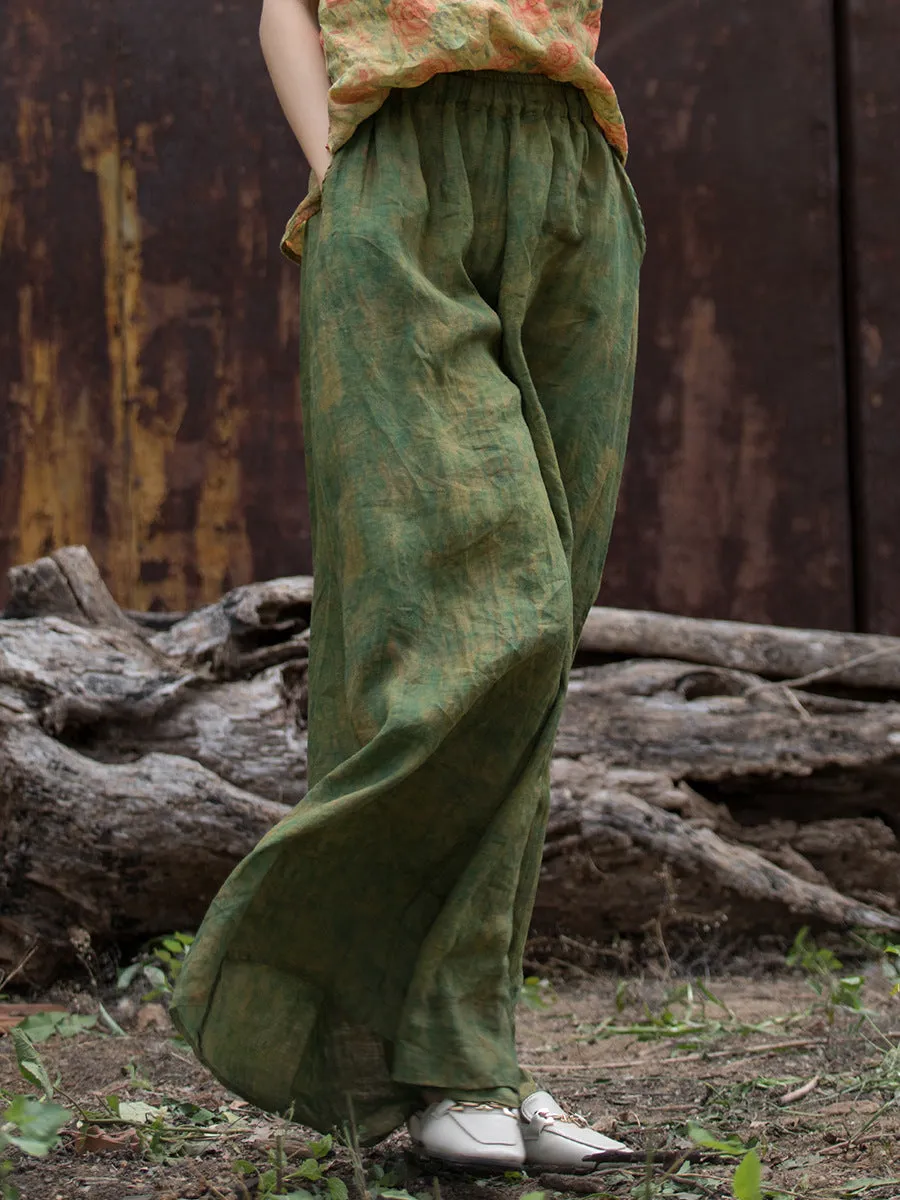 Women Vintage Green Oversized Flowing Wide- Leg Ramie Pants