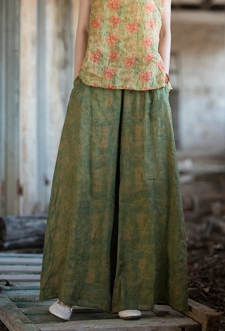 Women Vintage Green Oversized Flowing Wide- Leg Ramie Pants