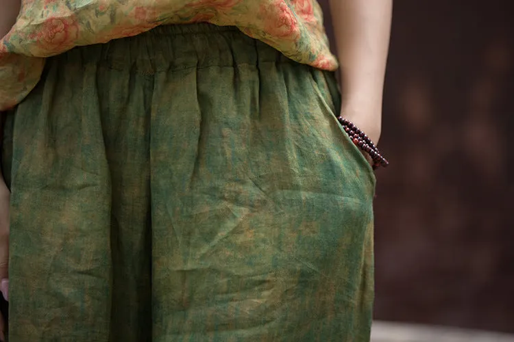 Women Vintage Green Oversized Flowing Wide- Leg Ramie Pants