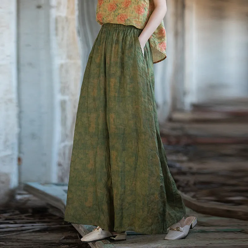 Women Vintage Green Oversized Flowing Wide- Leg Ramie Pants