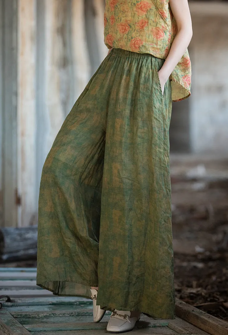 Women Vintage Green Oversized Flowing Wide- Leg Ramie Pants