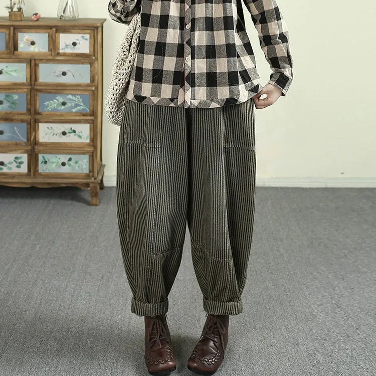 Women Vintage Spring Bloom Distressed Striped Harem Pants
