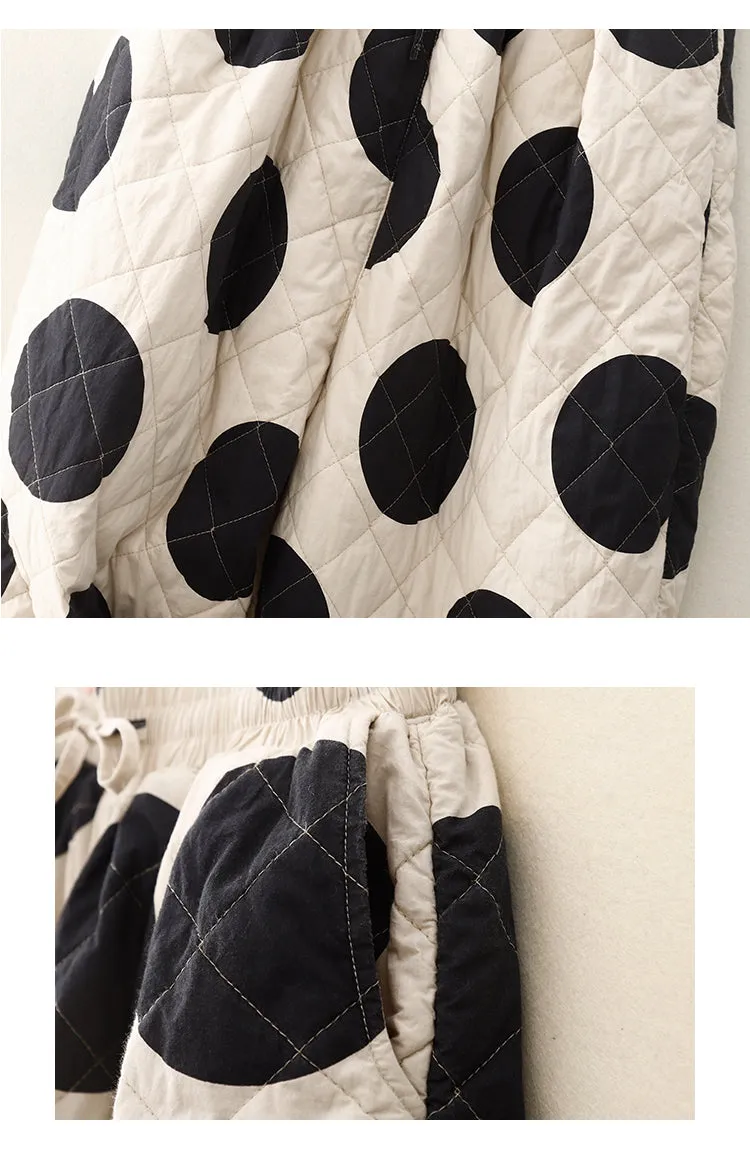 Women Winter Quilted Polka Dot Wide-Leg Cotton Casual Pants