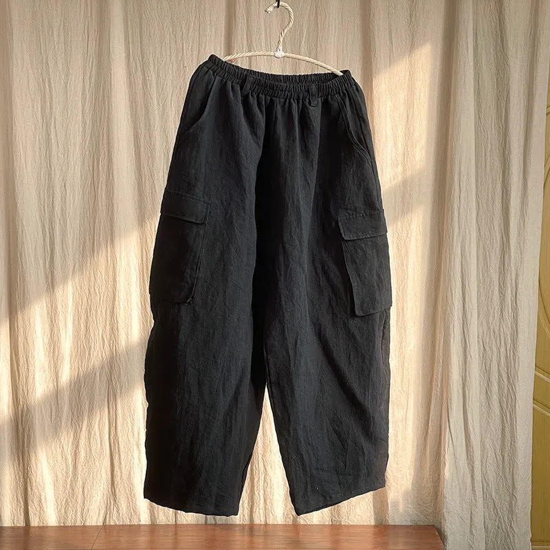 Women's Vintage Workwear Cotton Linen Loose Cargo Wide-Leg Pants