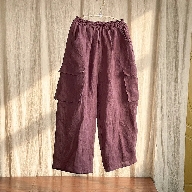Women's Vintage Workwear Cotton Linen Loose Cargo Wide-Leg Pants