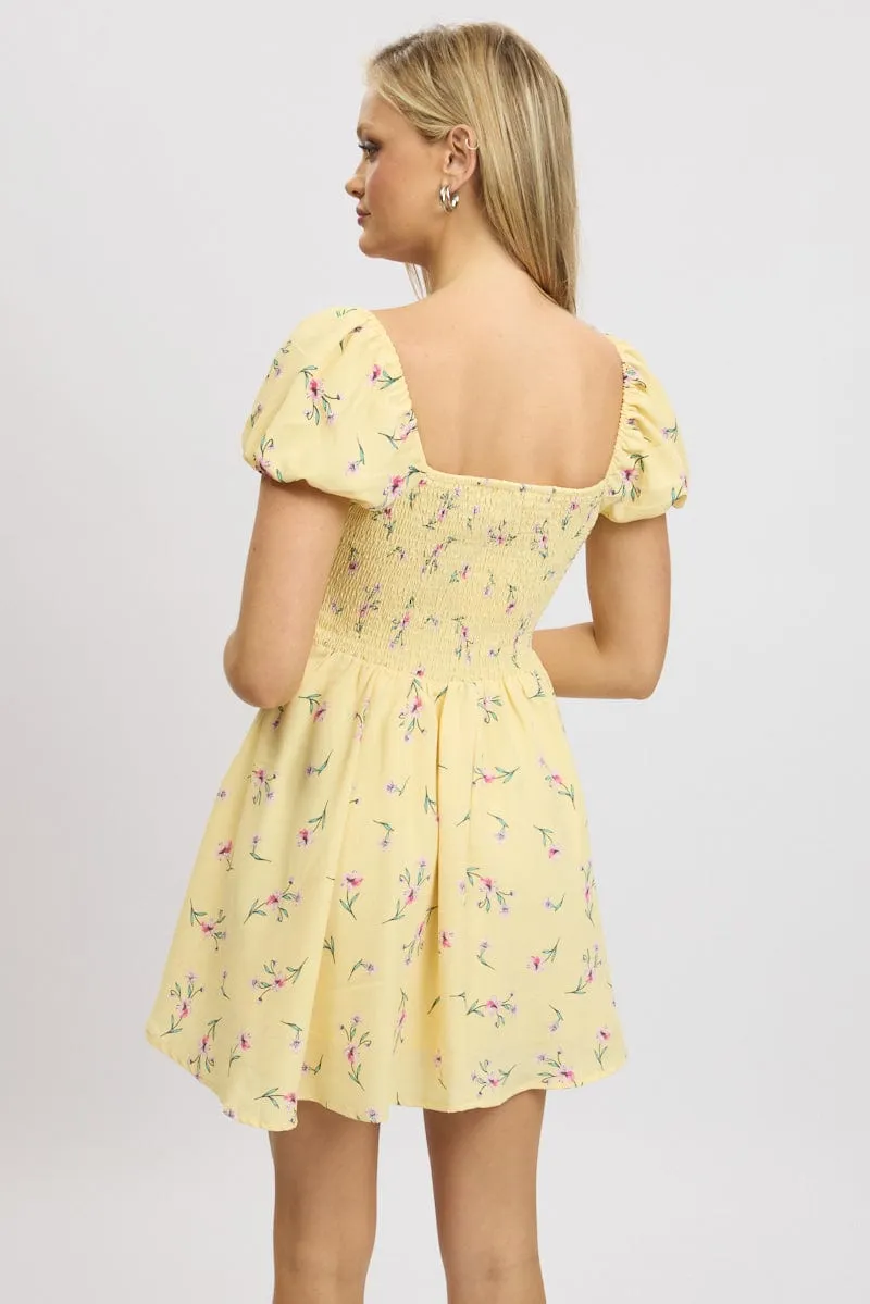 Yellow Floral Fit And Flare Dress Mini
