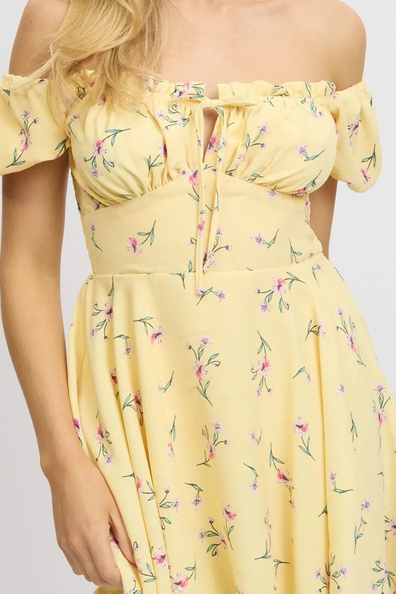 Yellow Floral Fit And Flare Dress Mini